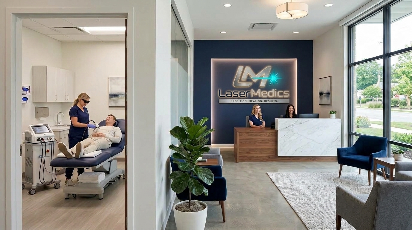 LaserMedics Modern Houston Clinical Suite with 3D Logo Reception Lobby